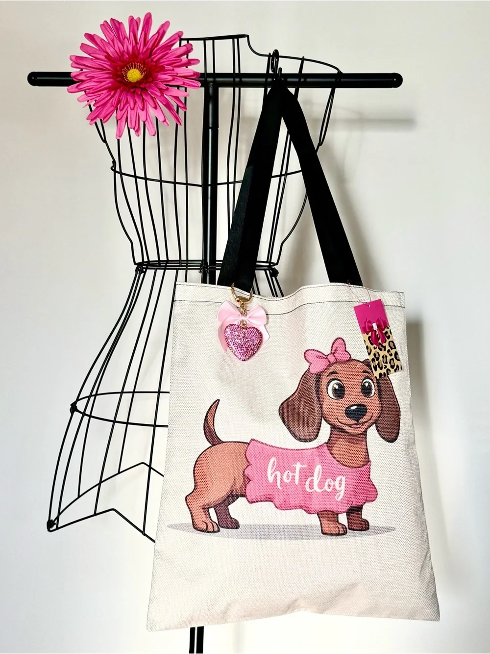 New Adorable Hot Dog Dachshund Shopping Bag Purse Tote w/ Pink Charm - 15.75”